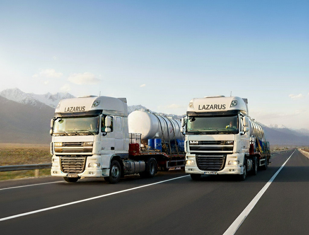 Two white Lazarus transport trucks, including one with a tank container, driving on a long-haul highway route for an ADR liquid cargo (dispersant) delivery from Italy to Kyrgyzstan.